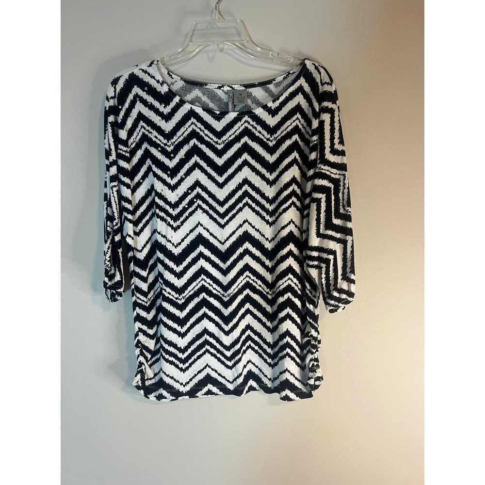 New Directions Weekend Womens Black White Chevron Rhinestone 3/4 Sleeve Top M
